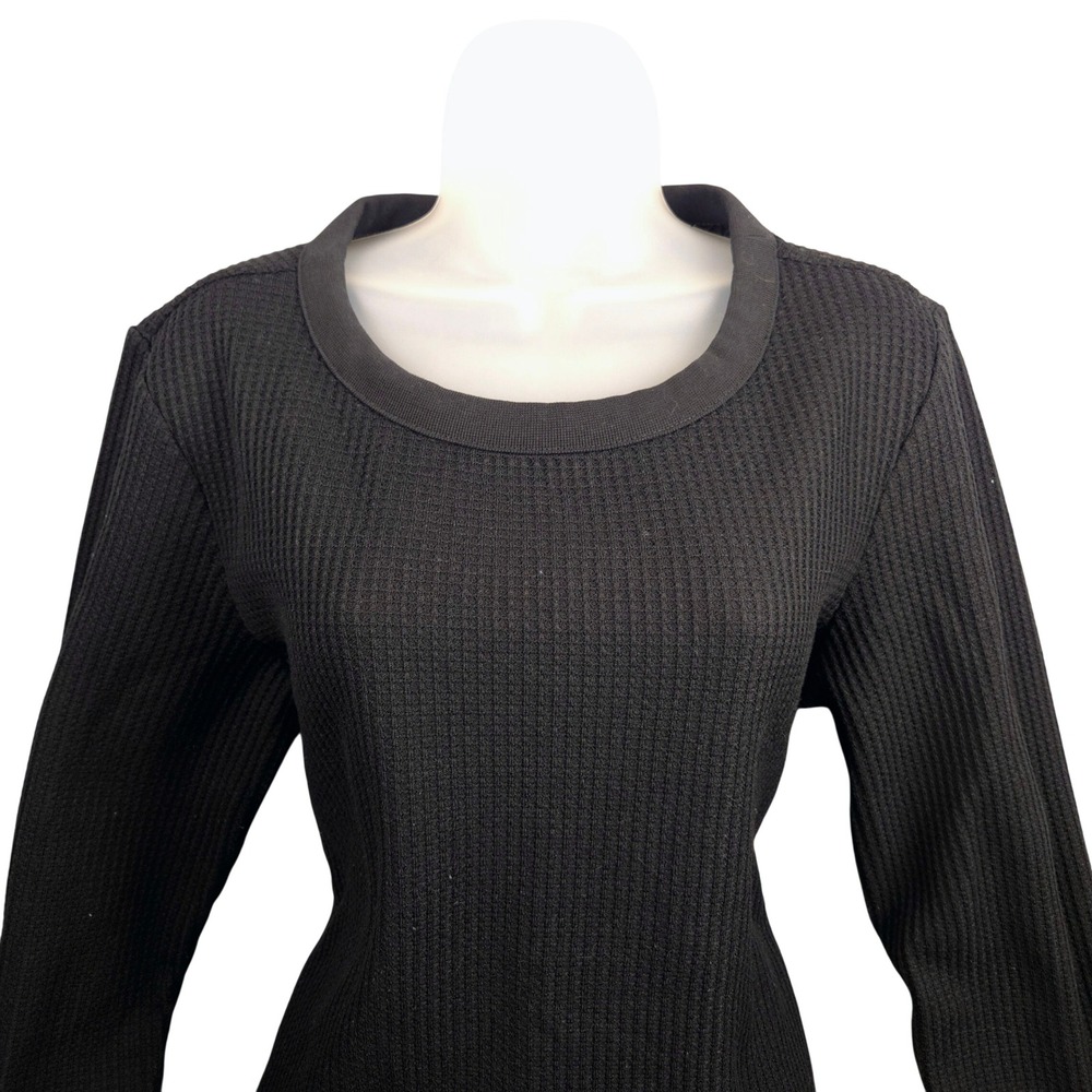 LL Bean Signature Women Black Waffle Knit‎ Long Sleeve Top Shirt Size L 511013